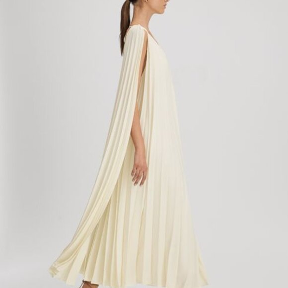 REISS Loreli Pleated Cape Sleeve Midi Dress - Lemon - Picture 1 of 5